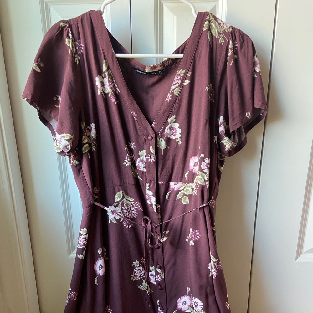 Abercrombie and Fitch- maroon floral dress with tie and buttons.